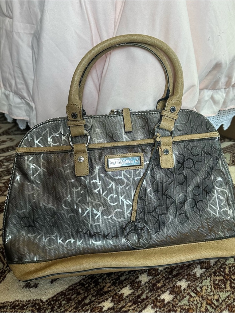 Calvin Klein Metallic Brown Logo Satchel with Tan Trim